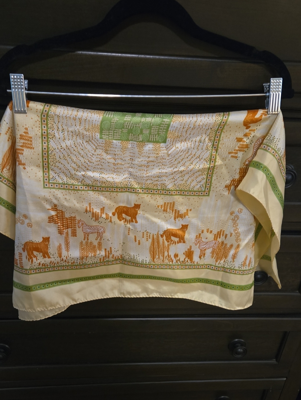 Silk-Feel Beige Scarf with Orange Animal Print and Green Border